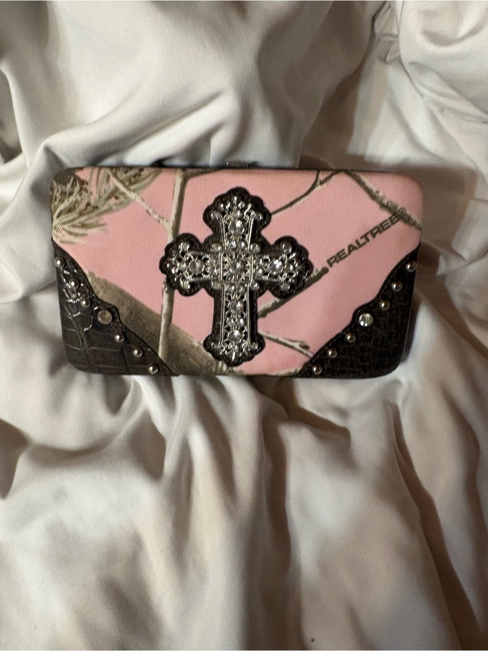 Realtree Pink Camo Wallet with Rhinestone Cross Accent